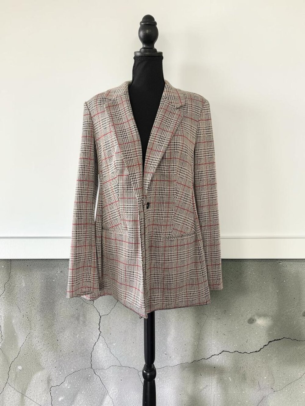 Calvin Klein Women’s Plaid Blazer XL Glen Check Houndstooth Red Black - Picture 2 of 6